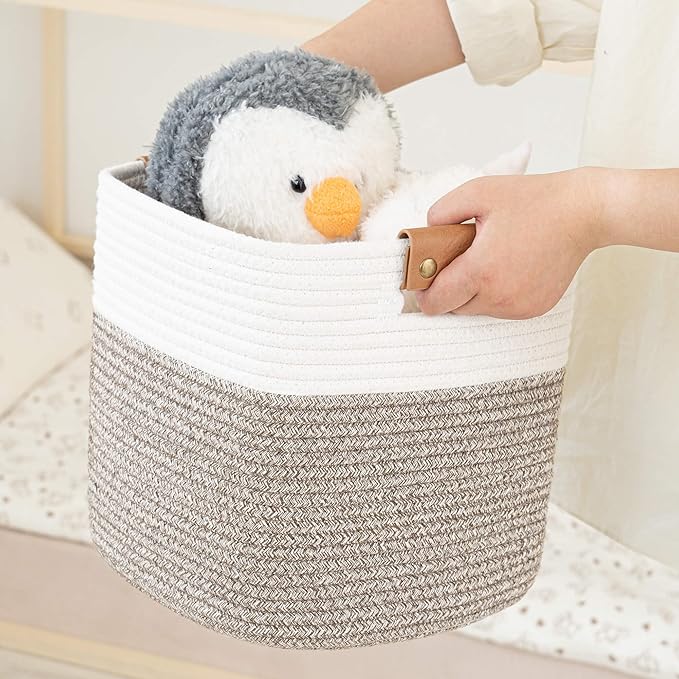 danpinera 11 Inch Storage Baskets, Woven Baskets for Organizing, 3 Pack Storage Cubes for Shelves, Closet, Nursery with Removable Leather Handles, White & Mixed Brown