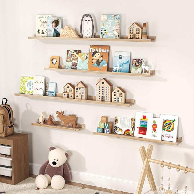 Floating Shelves for Wall, Picture Ledge Shelf 24 Inch Solid Wood Set of 2, Rustic Wall Shelves with Lip, Kids Bookshelf, Photo & Picture Live Edge Floating Shelves for Bedroom, Living Room, Kitchen