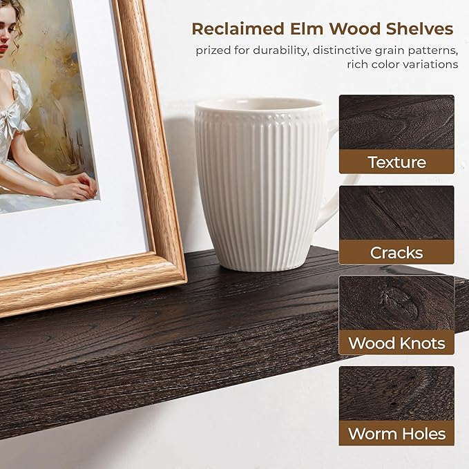 Axeman Floating Shelves for Wall - 32''W x 8'' D Rustic Solid Elm Wood Shelves for Storage, Wall Mounted Display Shelving with Invisible Heavy-Duty Metal Bracket (Walnut, 2PCs)
