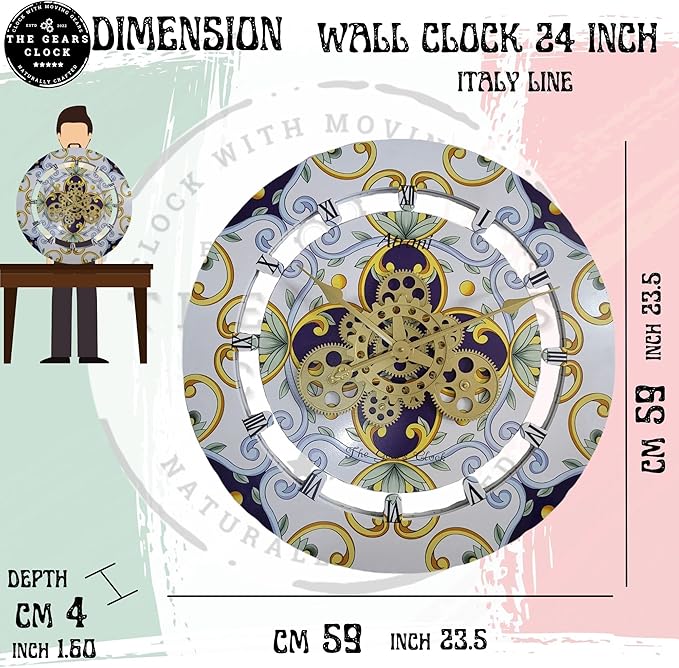 The Gears Clock Wall Clock Italy Collection with Moving Gears (Sorrento, 24 inch Round)