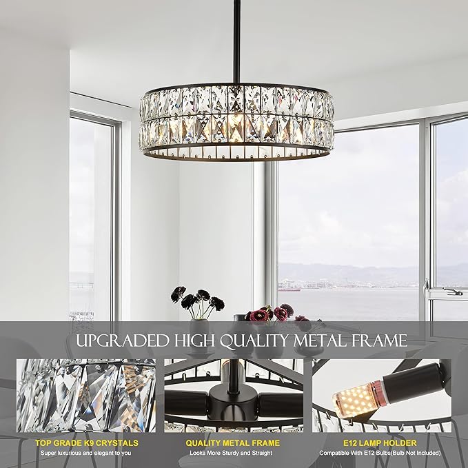 16β 4-Light Modern Crystal Chandeliers Black Dinning Room Light Fixture with Two Rods, Round Pendant Light Kitchen Island Chandelier, Flush Mount Ceiling Light for Living Room Entryway