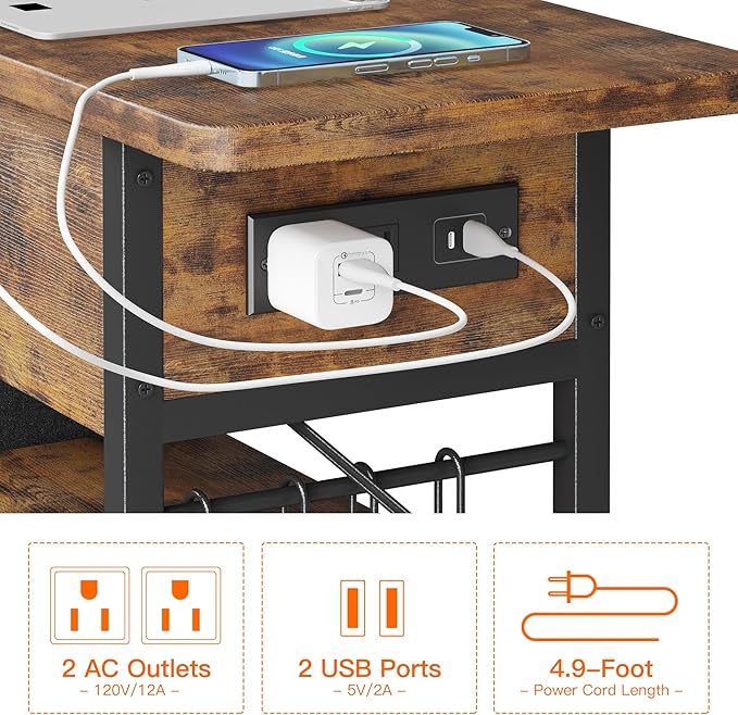 End Table with Charging Station, Flip Top Nightstand with USB Ports and Outlets, Couch Side Table with Fabric Bag and Hooks, Bedside Table for Space Saving, Living Room, Bedroom (Rustic Brown)