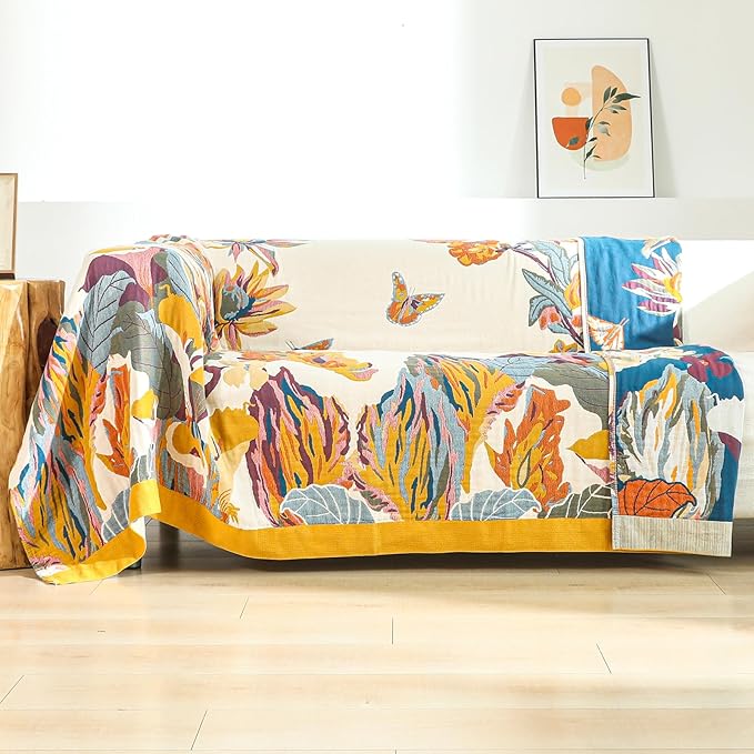 Boho Large Throw Blanket for Bed Couch 60" x 80 "100% Cotton Gauze Fall Blankets Home Decor Soft Lightweight for Sofa Quilt with Floral Butterfly