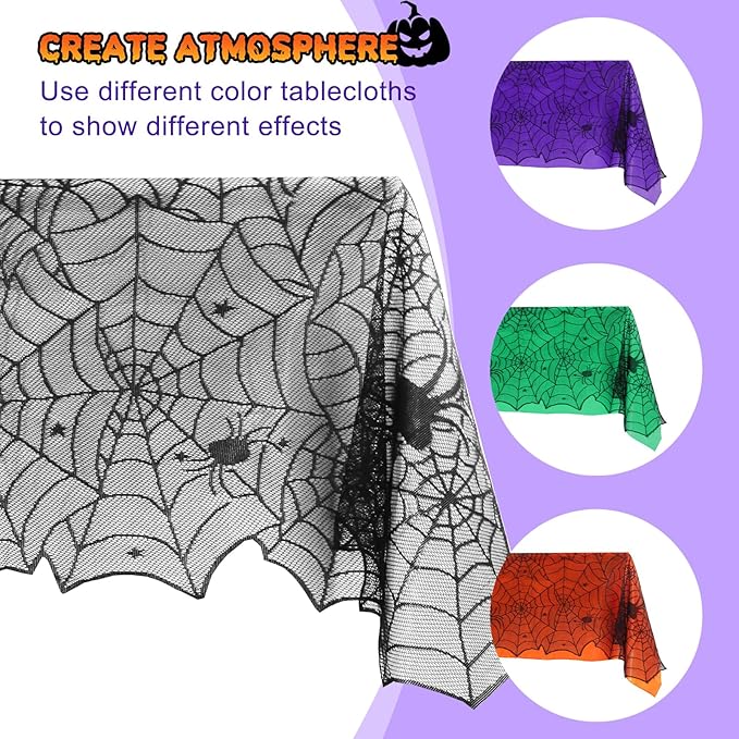 2Pcs Halloween Tablecloths, Black Lace & Purple Lined Rectangular Table Cloth, Spider Web Table Cover for Scary Halloween Decorations Indoor, 54 x 72 Inch