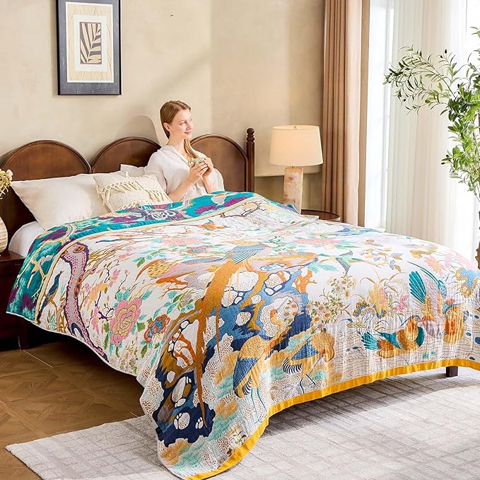 Fall Throw Blanket for Couch, Yellow Boho Decorative Throw Blanket, 100% Cotton Muslin Breathable Woven Farmhouse Blankets Quilt, 80"x90" Reversible Lightweight Blankets Bohemian Throw Quilt