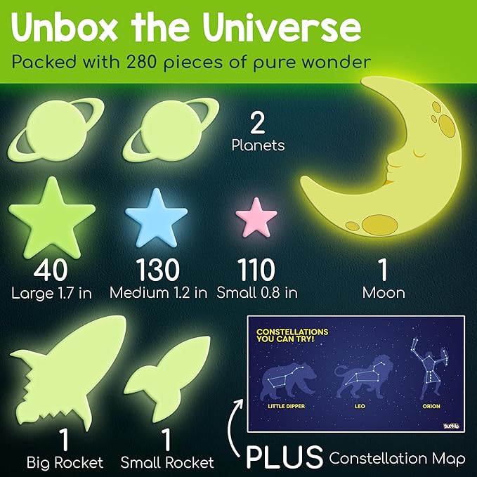BUNMO Glow in The Dark Stars for Ceiling & Walls – 280 Piece Bright Wall Stickers, Long Lasting Non-Toxic Decals with Moons & Planets for Kids Bedroom, Nursery & Room Decor
