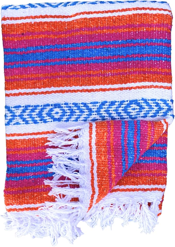 Del Mex Classic Mexican Blanket, Large Authentic Woven Falsa Throw (70"x50"), Artisan Southwest Décor for Beach, Yoga, Outdoors (Orange/Pink/Blue)