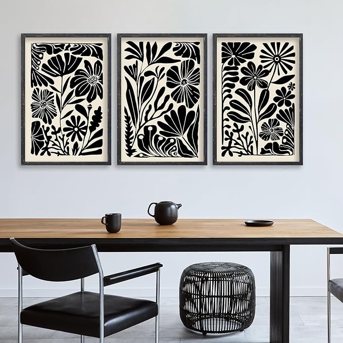Abstract Floral Botanical Wall Art 16x11 Inch 3 Piece Black Vintage Boho Plant Flower Minimalist Wood Frame Sign Home Living Room Family Office Mid Century Print Wall Hanging Decor (Black)