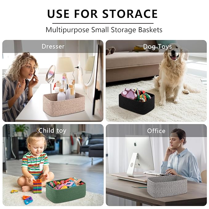 4 Pack Small Storage Shelf Baskets for Organizing, Mini Woven Rope Storage Bins for Towels, Cute Decorative Closet Organizer,Baby Nursery, Gift Empty Baskets -11.81''Lx7.87''Wx4.72''H-Black
