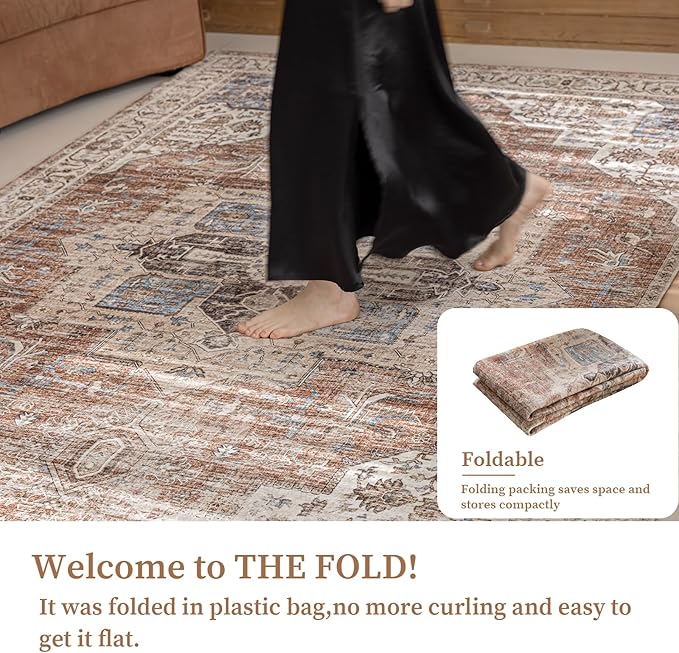 6'x9' Area Rug - Vintage Persian Medallion Design Low-Pile Faux Wool Rug, Non-Slip Backing, Machine Washable, for Living Room, Dining Room, Bedroom (Brick Red)