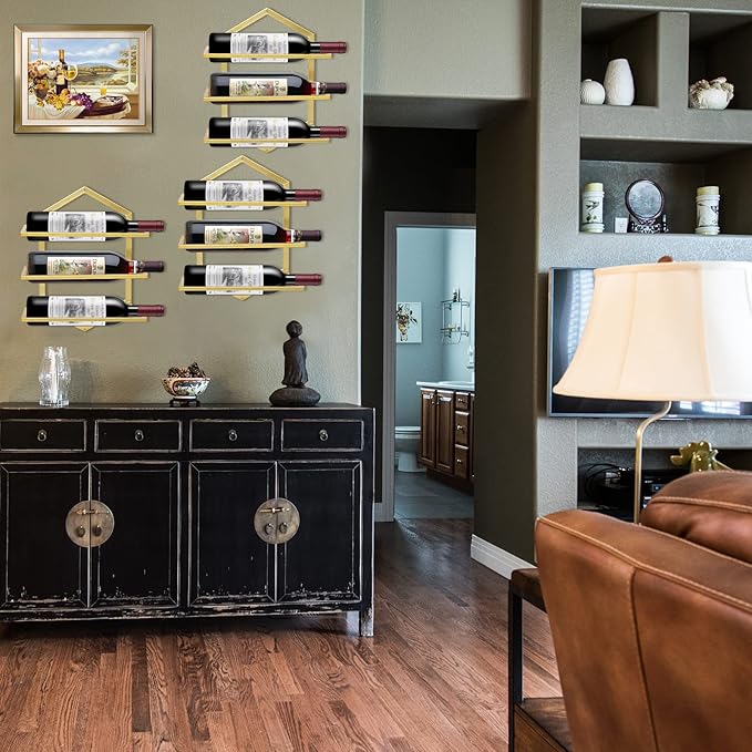 2Pcs Wall Mounted Wine Stemware Rack, Metal Hanging Wine Glass Display Holde Holds 3 Bottles, Elegant Storage for Kitchen Dining Room Bar Wine Cellar (Gold)