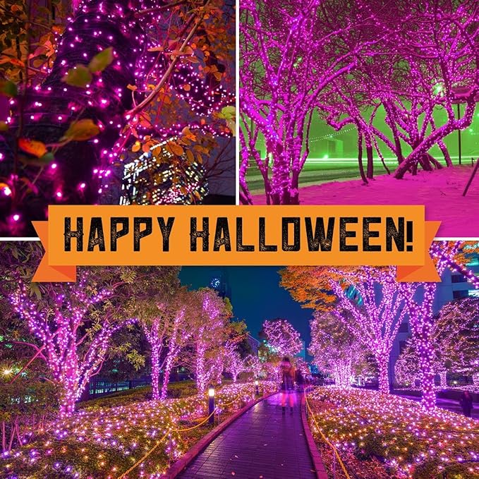300LIGHTS(2*150L) PURPLE Extra-Bright With End Connectors Halloween Decorative Lights 19.44m UL Certified Mini String Light Set Waterproof for Halloween Home Garden Christmas Tree Party Patio