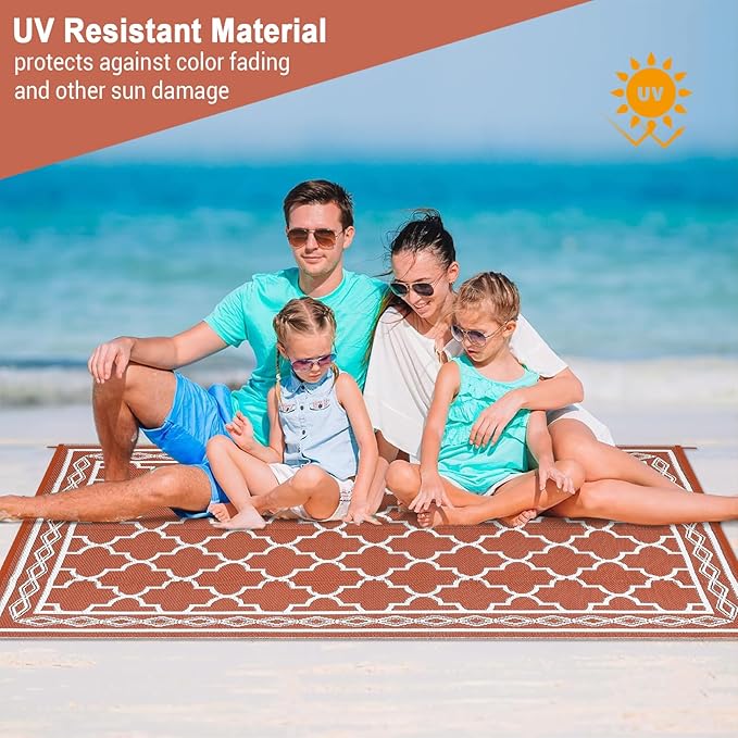 GAOMON Reversible Outdoor Rug 9'x18' Waterproof Plastic Straw Rug, Patio Rug, Large Modern Area Rug Carpet, Indoor Outdoor Rugs for Camping, Porch, Deck, Balcony, Backyard, Orange/White(Geometric)