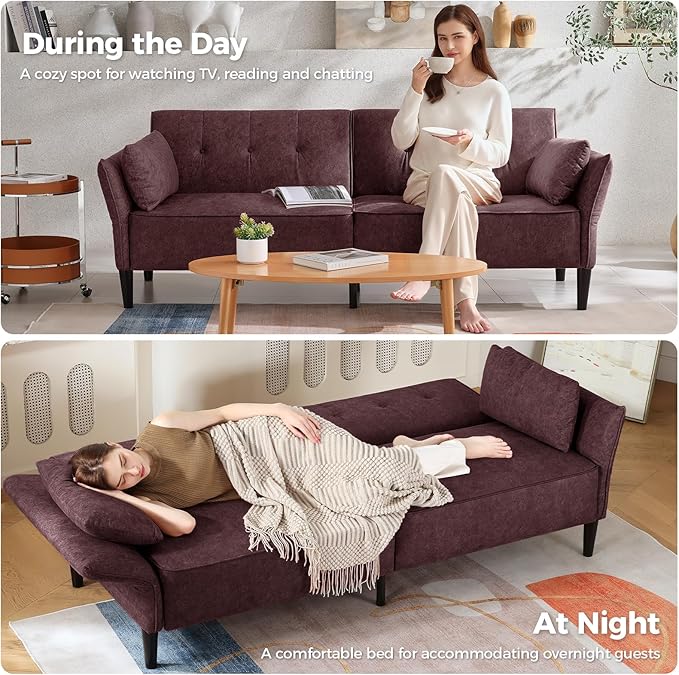 89” Futon Sofa Bed, Velvet Fabric Comfy Futon Couch Bed with 2 Square Pillows, Convertible Sleeper Sofa with Adjustable Backrest& Armrests, Modern Loveseat Sleeper for Living Room, Burgundy