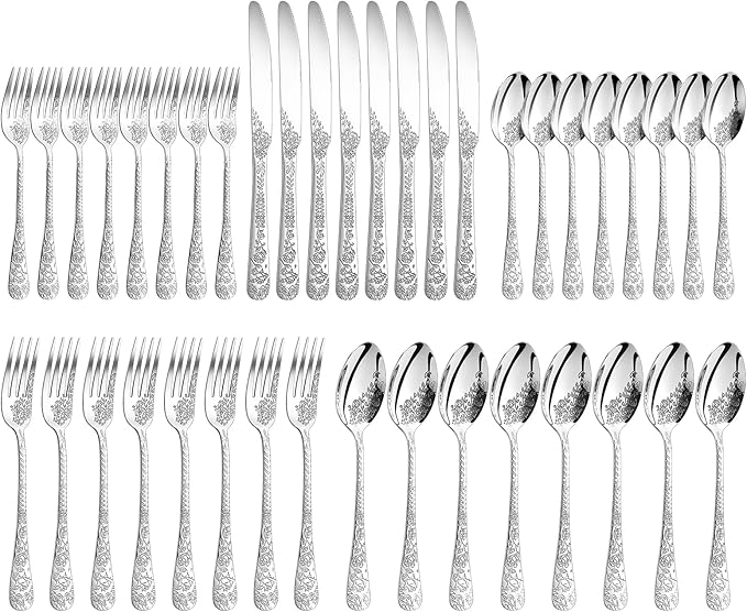 Floral 20 Pcs Silverware Set for 4, Food Grade Stainless Steel Flatware Set with Rose Flower Embossed Design, Eating Utensils Sets Include Fork/Knife/Spoon, Reusable Cutlery Set, Dishwasher Safe