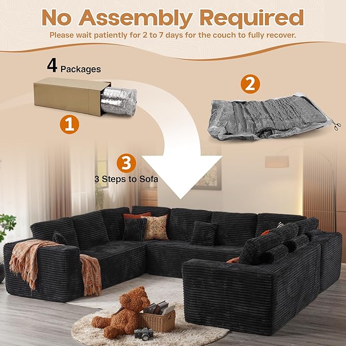 Cloud Sectional Couches for Living Room,U Shaped Modular Sofas No Assembly,135x107 Inches Plush Corduroy Oversized Floor Couch Set with Deep Seat Chaise,Black