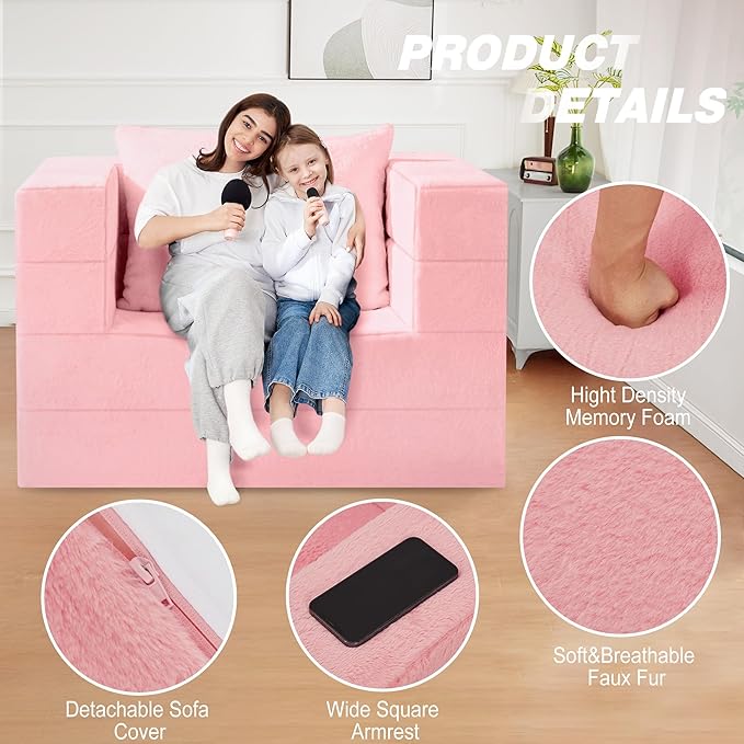 Folding Bean Bag Chair for Adults,3-in-1 Bean Bag Couch Faux Fur Floor Sofa Large Beanbag Convertible Bean Bag Sofa Bed with Pillow in Bedroom,Living Room,Apartment(Twin,Pink)