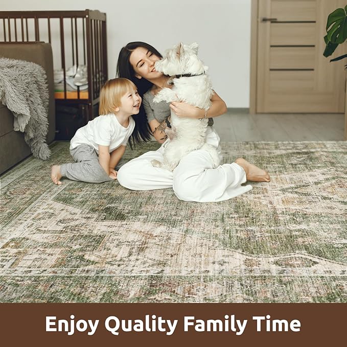 AMOAMI-Area Rug 8X10 Rugs for Living Room-Vintage Soft Green Rugs for Bedroom-Non Slip Carpet-Washable Rug for Dining Room Living Room Bedroom Office Under Table