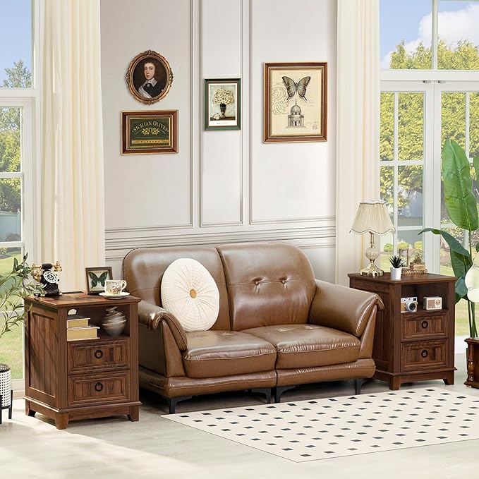 18" Farmhouse Night Stand with Charging Station, 2 Drawers End Table Dresser for Bedroom, Brown Wooden Nightstand, Bed Side Table with Open Shelf, Bedside Cabinet for Living Room, Closet