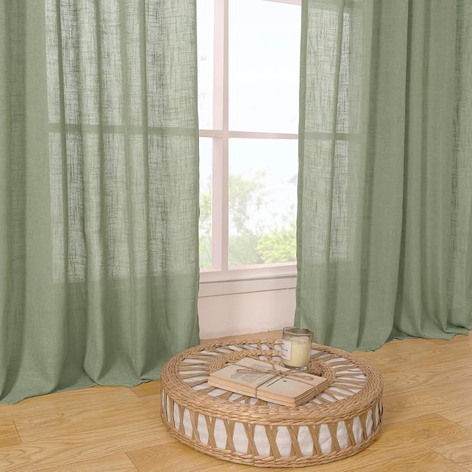 LAMIT Short Linen Curtains 40 inches Long for Small Window, Bronze Grommet Linen Drapes Light Filtering Sheer Window Curtains for Kitchen/Cafe, 2 Panels (34 x 40 Inch, Sage Green)