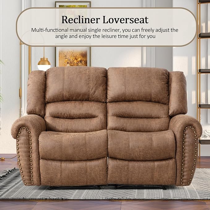CANMOV Faux Leather Manual Loveseat Recliner, 2 Seat Reclining Chair, Overstuffed Comfortable Arms and Back Recliner Chair, Couch Set for Living Room, Bedroom Furniture, Office,Nut Brown