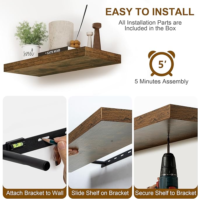 30 Inch Floating Shelves, Rustic Floating Wall Shelves 8 Inch Deep, 30 x 8 Floating Shelves for Home Decor, Deep Storage Shelves for Kitchen, Bathroom, Living Room, Rustic Brown Color, Set of 2