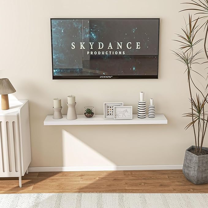 Fun Memories 48 Inch Floating Shelves for Wall, Deep Rustic Solid Pine Wood Shelf - Farmhouse Wall Mounted Display Shelf with Heavy-Duty Metal Bracket, 48" W x 8" D, Set of 1, White