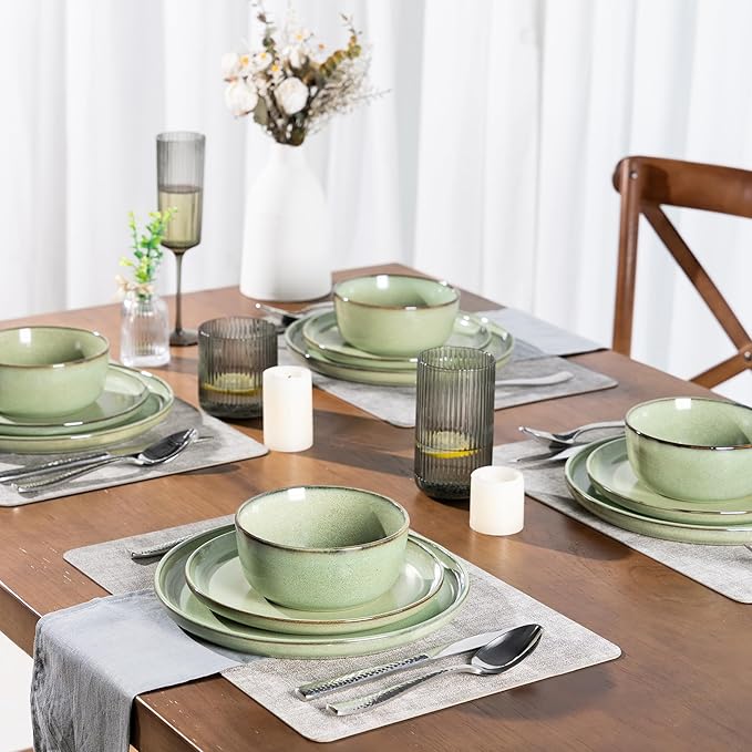 GBHOME Ceramic Dinnerware Sets for 6, 18 Pieces Stoneware Plates and Bowls Sets, Scratch Resistant Dishes, Dishwasher & Microwave Safe-Pastel Green