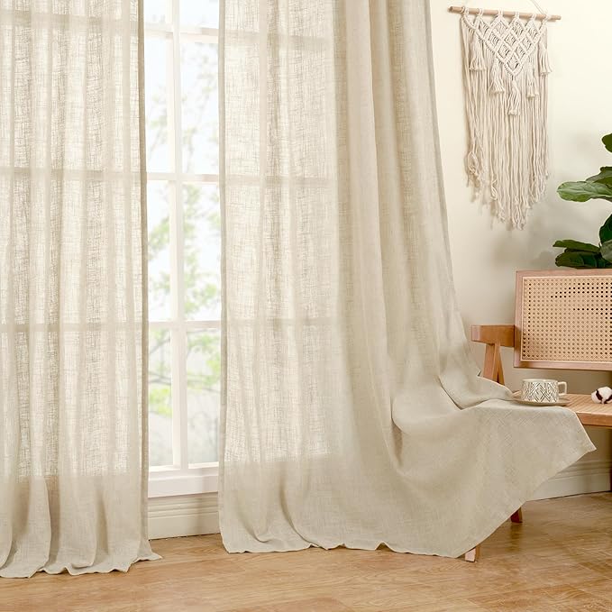 LAMIT Short Linen Curtains 36 Inch Length for Half Window, Semi Sheer Light Filtering Panels Bronze Grommet Drapes for Basement/Cafe, 2 Panels, Linen, 34 x 36 Inch