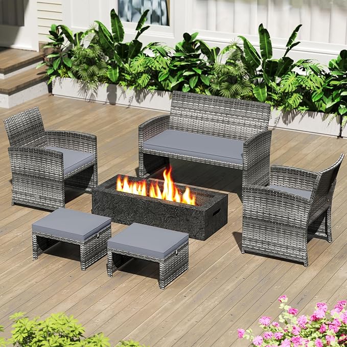 Tangkula 2 Pieces Patio PE Rattan Ottomans, Multipurpose Outdoor Footstool Footrest Additional Seating Side Table with Soft Zippered Cushions for Deck, Garden, and Yard (Gray)