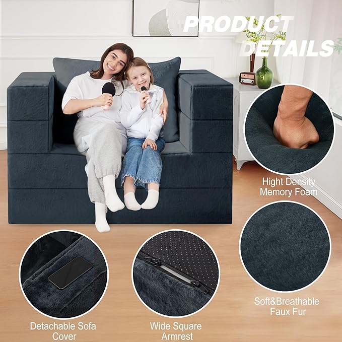 Folding Bean Bag Chair for Adults,3-in-1 Bean Bag Couch Faux Fur Floor Sofa Large Beanbag Convertible Bean Bag Sofa Bed with Pillow in Bedroom,Living Room,Apartment(Twin,Dark Grey)