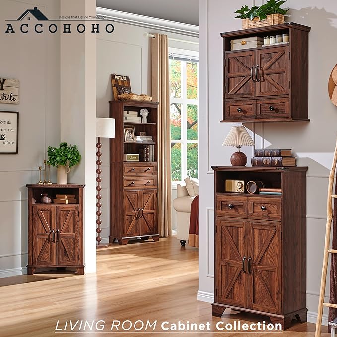 Farmhouse Bathroom Storage Cabinet, 24" Wide Floor Cabinet w/Barn Doors, Adjustable Shelf & Drawer, Cabinets for Bathroom, Kitchen, or Living Room, Brown