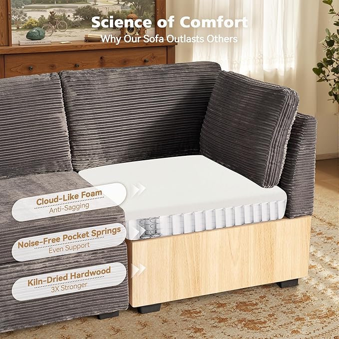 Modular Sectional Sofa with Chaise U Shaped Sectional Couch for Living Room, 5-Seater Comfy Cloud Couches, Plush Corduroy, Gray