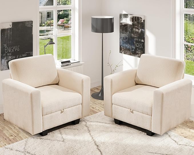 38.5 Oversized Accent Chair with Storage Ivory Corduroy Set of 2, Single Modern Accent Sofa with Arms Chair for Apartment Living Room (21" Deep Seat)