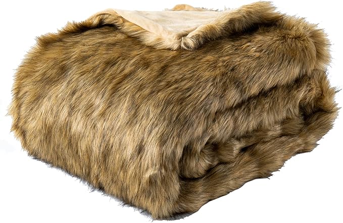 BATTILO HOME Golden Faux Fur Throw Blanket for Couch Sofa, Long Pile Fur Blankets and Throws, Elegant, Fluffy Thick Warm Heavyweight Fur Blanket Reversible to Plush Velvet, 50"x60"
