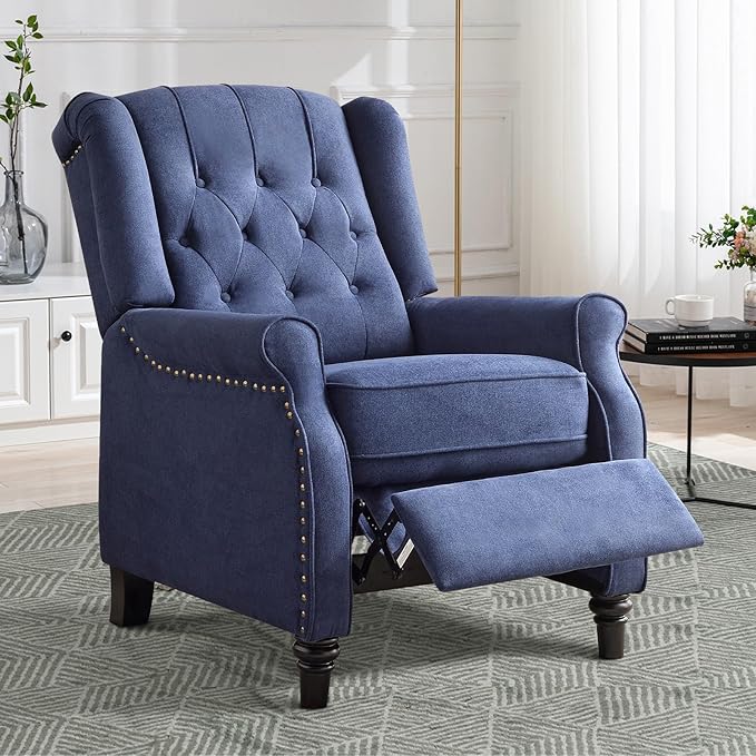 CANMOV Push Back Recliner Chair,Accent Chair, Mid Century Wingback Recliner, Fabric Push Back Recliner Chair Single Armchair Sofa with Rivet Decoration, Button-Tufted Back for Living Room,Dark Blue