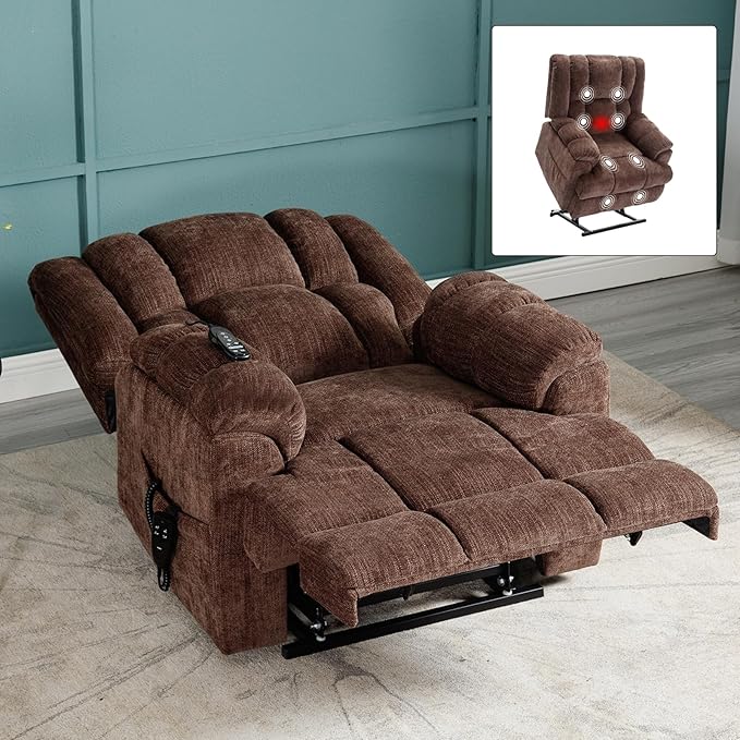 Dual Motor Power Lift Recliner Chair with Massage and Heat for Elderly People, Infinite Position, Brown Recliner Chair, Chenille Fabric Lift Chair