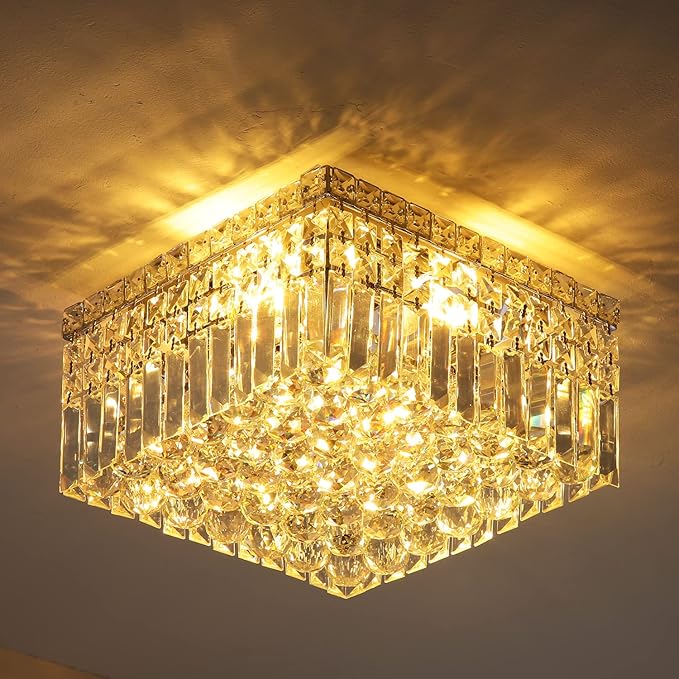 4-Lights Modern Flush Mount Ceiling Light Fixtures,Elegant Crystal Chandelier Pendant Ceiling Lamp for Bedroom,Living Room,Dining Room,Hallway H5.9 x W13.7 x L13.7 (Bulbs Not Included) Square