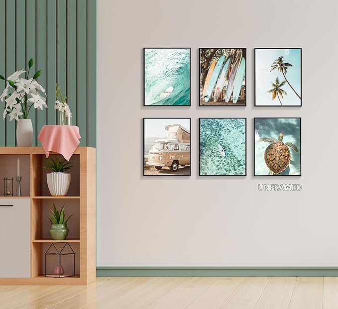 EVPYXFUT Set of 6 Tropical Beach Canvas Wall Art Surf Poster Summer Ocean Coastal Pictures Turtle Print Palm Tree Surfboard Gallery Paintings Nautical Bus Wall Decor for Bedroom Bathroom Unframed