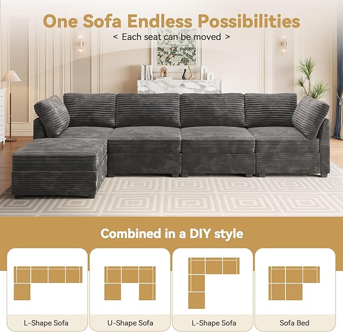Modular Sectional Sofa with Chaise U Shaped Sectional Couch for Living Room, 8-Seater Comfy Cloud Couches, Plush Corduroy, Gray