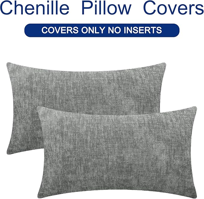 CaliTime Throw Pillow Covers Decorative 12 X 20 Inches Pack of 2 Cozy Chenille Cushion Cases for Couch Sofa Bed Living Room Home Medium Grey