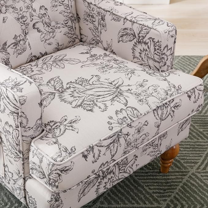 DUOMAY Tufted Accent Chair, Modern Linen Upholstered Wingback Side Arm Chair for Living Room Bedroom with Wood Legs, Comfy Reading Guest Chair for Office, Beige Flower Pattern