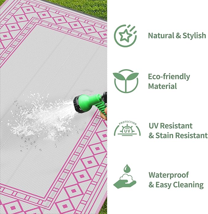 GENIMO Outdoor Rug Waterproof 6'x9' for Patio, Foldable Reversible Plastic Straw Carpet for Travel Trailers, Outside Area Mat for Rv, Deck, Picnic, Porch, Camper, Balcony, Beach, Pink & Grey