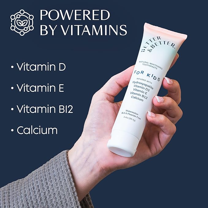 Better & Better Kids Toothpaste | Natural Hydroxyapatite Toothpaste Infused w/Calcium & Vitamins D, E, B12 | Fluoride & SLS Free for Sensitive Brushers | Watermelon Flavor | 3.4oz, 3 Pack