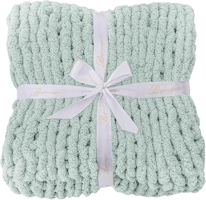 Bigacogo Chunky Knit Throw Blanket for Couch, 51x63 inches, 100% Hand Knitted with Thick Jumbo Chenille Yarn, Cozy Soft Large Rope Knot Cable Crochet Blankets for Sofa Bed Living Room, Mint