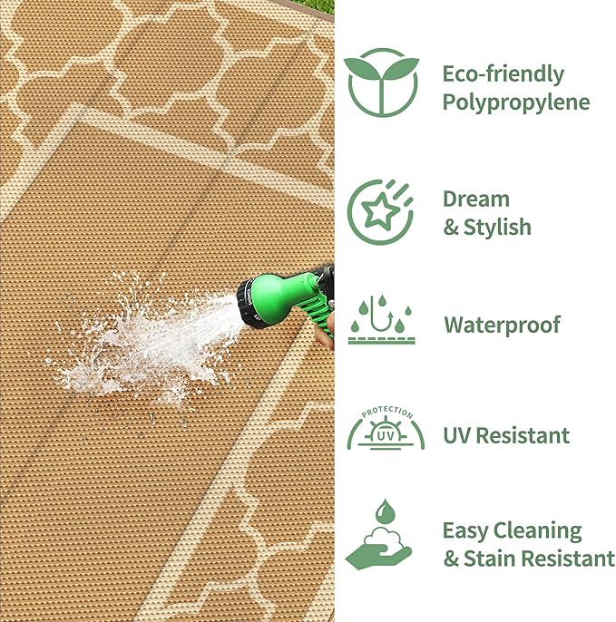 GENIMO 6' x 9' Outdoor Rug Waterproof for Patio Decor, Foldable Reversible Plastic Straw Area Rugs Mat for Camper, Outside Carpet for Rv, Deck, Porch, Picnic, Beach, Balcony, Brown & Beige