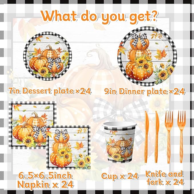 Fall Party Decorations,144Pcs Fall Thanksgiving Tableware Set Includes Plates,Napkins,Knife,Fork Black and White Buffalo Plaid Pumpkin Theme Decorations for Autumn Harvest,Thanksgiving Day
