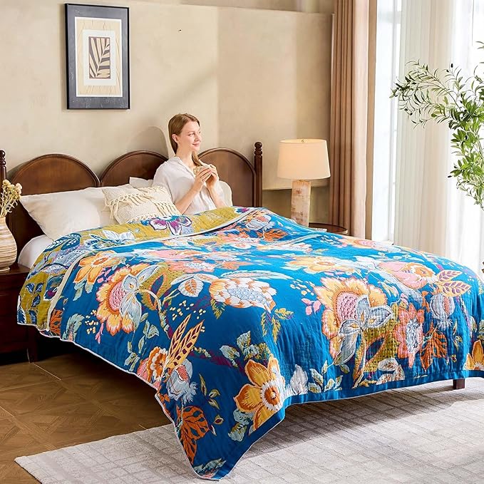 Boho Throw Blanket, Blue Lightweight Blankets for Summer, 100% Cotton Bohemian Decorative Throw Blanket, 80"x90" Reversible Muslin Breathable Woven Farmhouse Blankets Quilt,