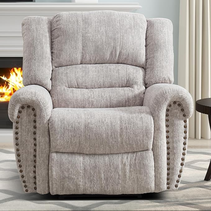 CANMOV Manual Recliner Chair, Classic and Traditional Manual Recliner Chair with Comfortable Arms and Back Single Sofa for Living Room, White Grey