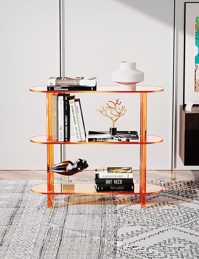 Clear Bookshelf, Acrylic Bookcase with Open Book Shelf for Office Living Room Bedroom (3 Tier Orange)